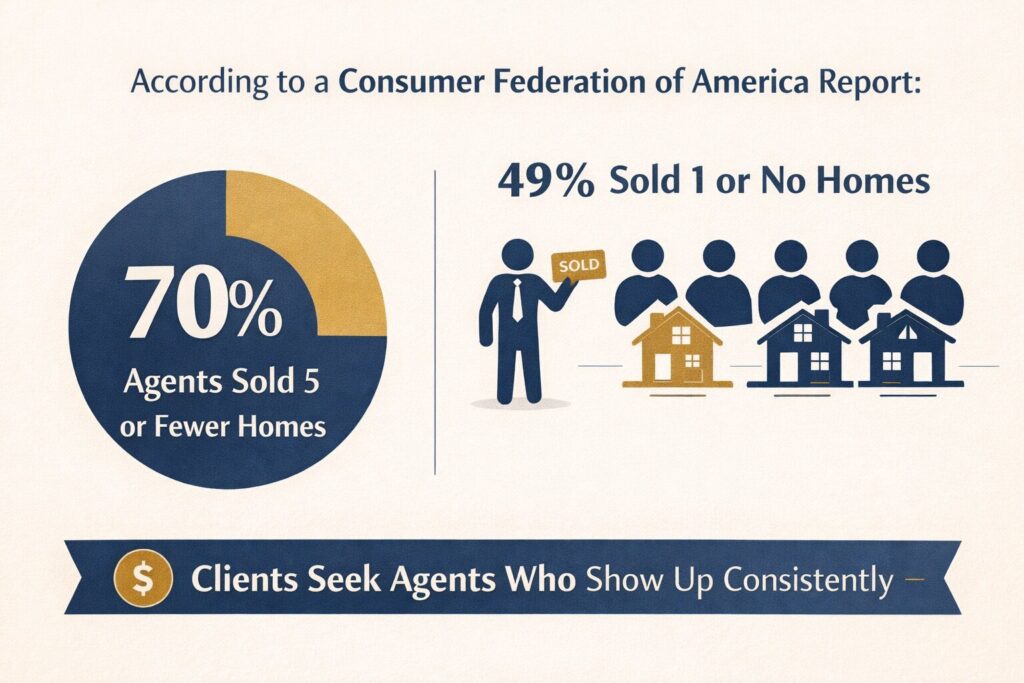 Infographic showing real estate agent performance statistics with 70 percent selling five or fewer homes highlighting insights from Daryl Judy Washington Fine Properties