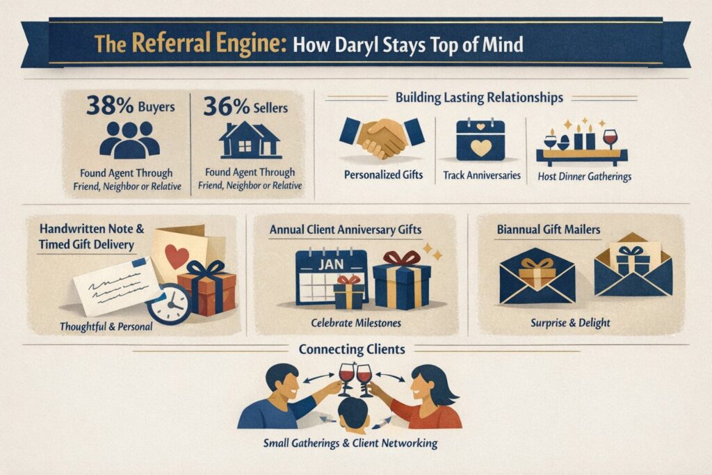 Infographic showing referral-based real estate marketing strategies and client relationship building by Daryl Judy Washington Fine Properties