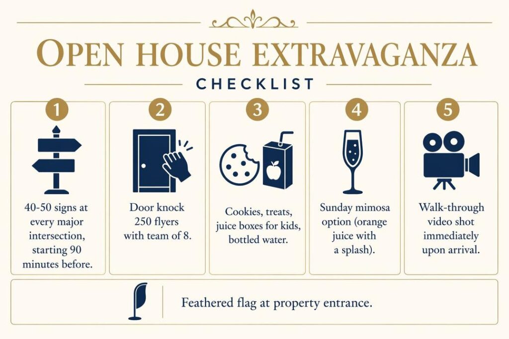 Open house extravaganza tips infographic showing signage, door knocking, refreshments, and video content
