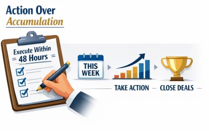 Sandra Rathe Mastering Luxury illustration emphasizing executing ideas within 48 hours with checklist, calendar, and progress toward closing deals