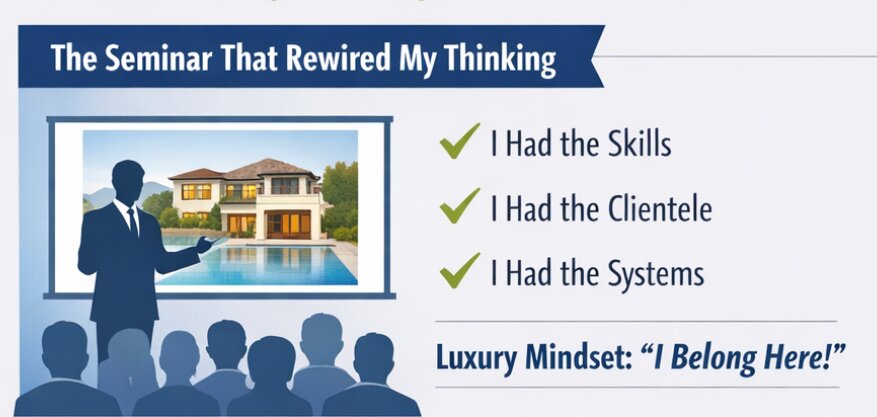 Sandra Rathe Mastering Luxury seminar illustration showing mindset shift with skills, clientele, and systems leading to confidence in luxury real estate