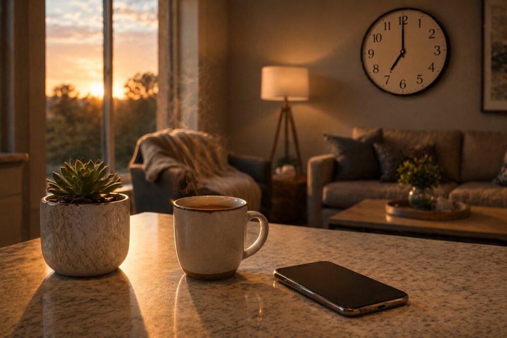 Work-life boundaries real estate agents need shown by smartphone left on kitchen counter at night