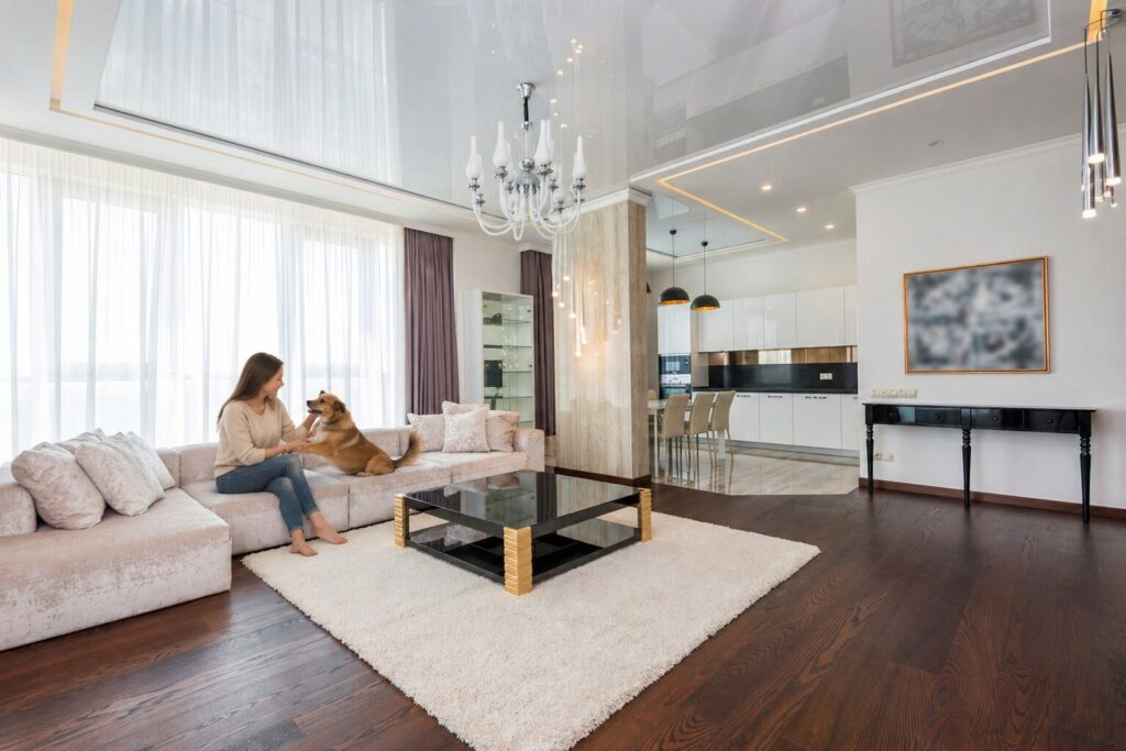 Modern luxury living room scene representing Betsy Herald of The Charles Realty, featuring a woman sitting on a sofa playing with her dog in a bright open-concept home